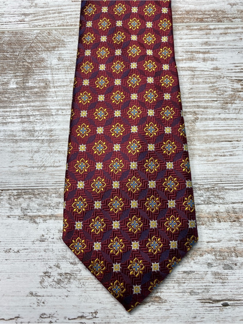 Bruno Piattelli Roma Vintage 100% Silk Tie Burgundy Gold Blue Floral 58”
